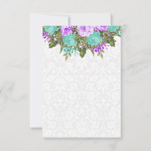 日付ティール(緑がかった色)と紫かわいらしの花を保存する セーブザデート (裏面)