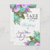 日付ティール(緑がかった色)と紫かわいらしの花を保存する セーブザデート (正面/裏面)