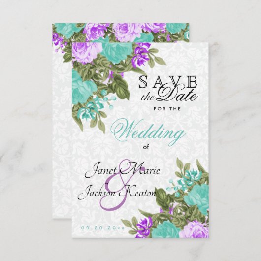 日付ティール(緑がかった色)と紫かわいらしの花を保存する セーブザデート (正面/裏面)