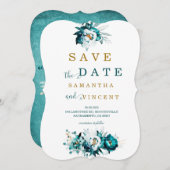 日付ティール（緑がかった色）と金ゴールドカードの保存 招待状 (正面/裏面)