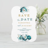 日付ティール（緑がかった色）と金ゴールドカードの保存 招待状 (スタンド正面)