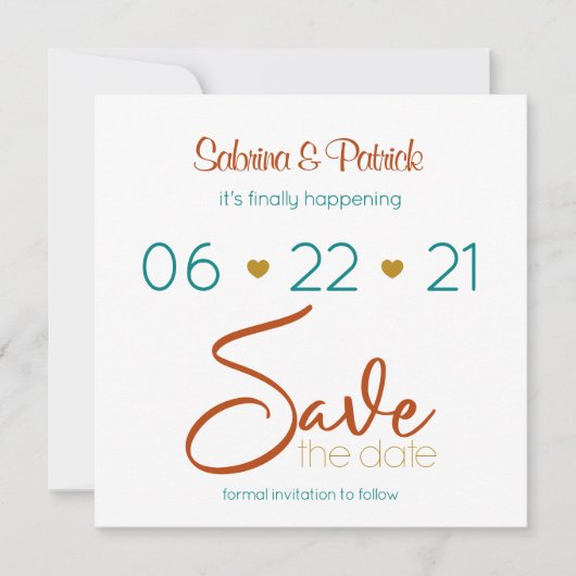 日付ティール(緑がかった色)のはっきりした錆金ゴールドの保存 招待状 (正面)