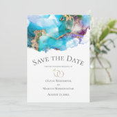 日付ティール(緑がかった色)抽象芸術アメジスト金ゴールドインクの保存 招待状 (スタンド正面)