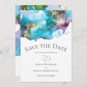 日付ティール(緑がかった色)抽象芸術アメジスト金ゴールドインクの保存 招待状 (正面/裏面)