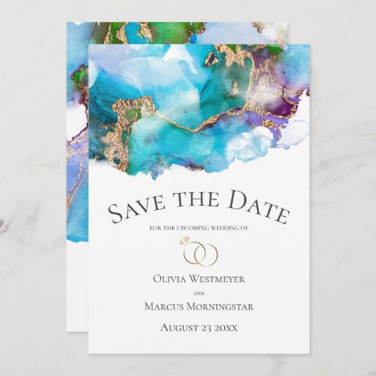 日付ティール(緑がかった色)抽象芸術アメジスト金ゴールドインクの保存 招待状 (正面/裏面)