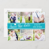 日付ティール（緑がかった色）結婚の6枚の写真はがきを保存 案内ポストカード (正面/裏面)