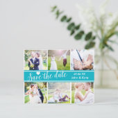 日付ティール（緑がかった色）結婚の6枚の写真はがきを保存 案内ポストカード (スタンド正面)