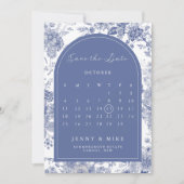 日付トイルブルーフランスのガーデンフローラの保存 招待状 (正面)