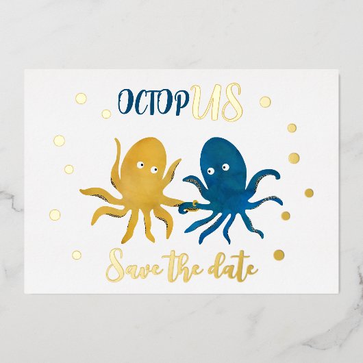 日付ネイビーと金ゴールドビーチタコを保存おもしろい 箔招待状 (正面)