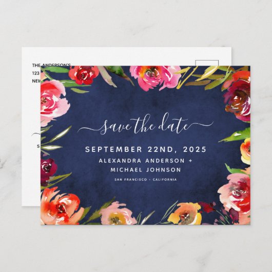 日付ネイビーブルーのフローラ水色を保存 案内ポストカード (正面/裏面)