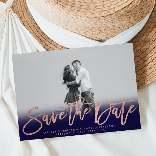 日付ネイビーブルーバラ金ゴールド写真を保存 案内ポストカード