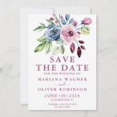 日付ネイビーブルーワインウォーターの色のフローラを保存 招待状 (正面)