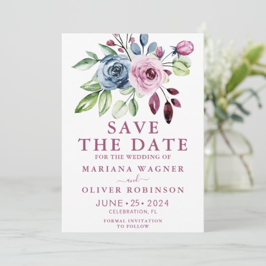 日付ネイビーブルーワインウォーターの色のフローラを保存 招待状 (スタンド正面)