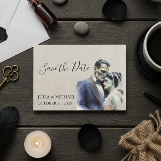 日付ハロウィーンフランケンシュタイン花嫁を保存 ノートカード