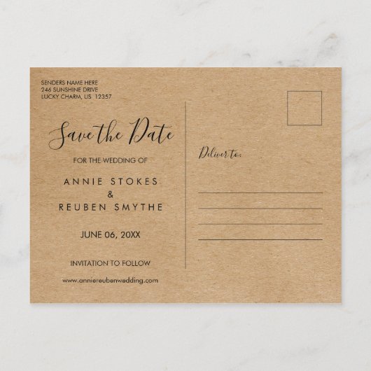 日付ハンドスクリプトのフォトクラフトを保存素朴する 案内ポストカード (裏面)