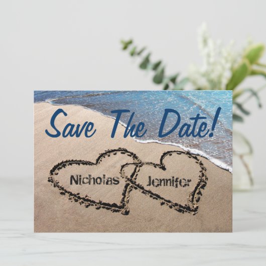 日付ハートを砂結婚式招待状に保存 セーブザデート (スタンド正面)