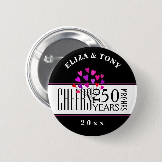 日付ハート50th結婚周年記念パーティーギフト 缶バッジ (正面&裏面)