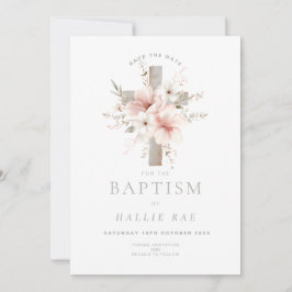 日付バプテスマ、ピンクエレガントフローラを保存 招待状