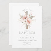 日付バプテスマ、ピンクエレガントフローラを保存 招待状 (正面/裏面)