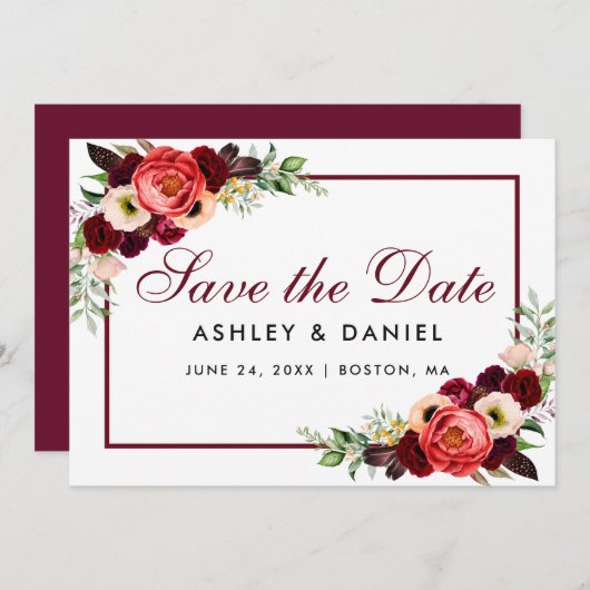 日付バーガンディフローラカードBの保存 セーブザデート (正面/裏面)