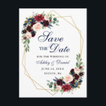 日付バーガンディフローラ青金ゴールド枠の保存 案内ポストカード<br><div class="desc">エレガント、水モダン色ブルゴーニュMarsala青フローラ、金ゴールド幾何学枠、日付婚約はがきを保存</div>