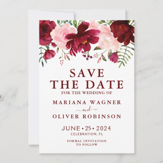 日付バーガンディーピンクウォーターのカラーフローラを保存 招待状 (正面)