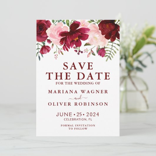 日付バーガンディーピンクウォーターのカラーフローラを保存 招待状 (スタンド正面)