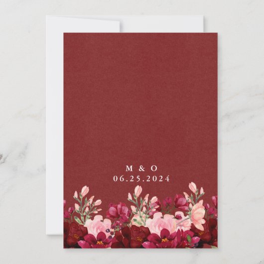 日付バーガンディーピンクウォーターのカラーフローラを保存 招待状 (裏面)