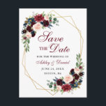 日付バーガンディーブルーのフローラ金ゴールドフレームの保存 案内ポストカード<br><div class="desc">エレガント、水モダン色ブルゴーニュMarsala青フローラ、金ゴールド幾何学枠、日付婚約はがきを保存</div>