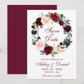 日付バーガンディーブルーフローラリースカードの保存 セーブザデート (正面/裏面)