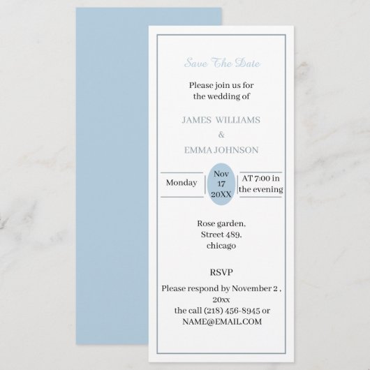 日付パーソナライズされたをライトブルーシンプルで保存 招待状 (正面/裏面)