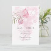 日付ピンクのコテージ淡い色のバラとローズヒップの保存 招待状 (スタンド正面)