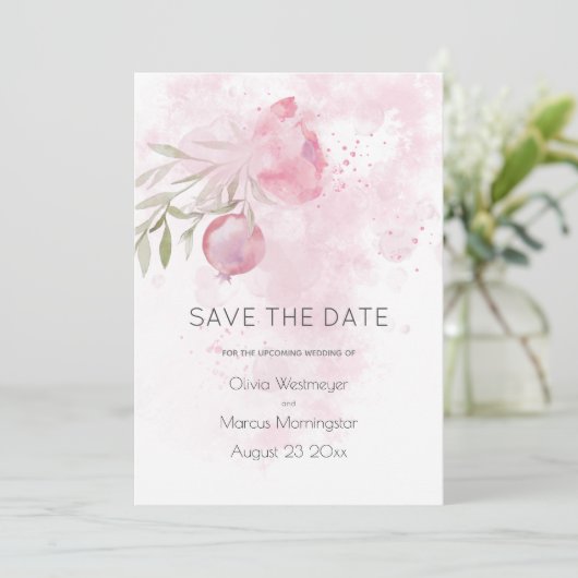 日付ピンクのコテージ淡い色のバラとローズヒップの保存 招待状 (スタンド正面)