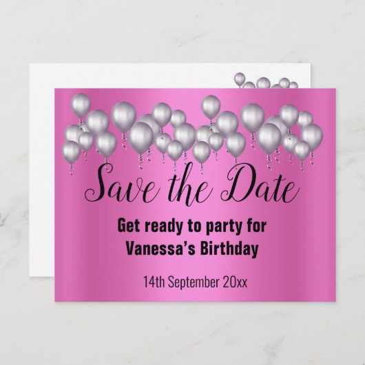 日付ピンクバルーンを保存する 案内ポストカード (正面/裏面)