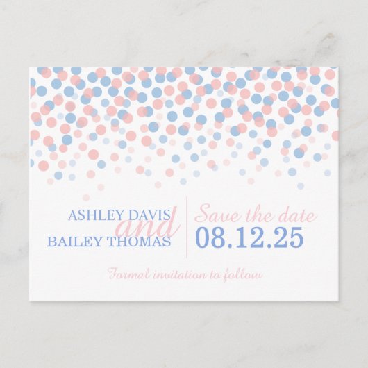 日付ピンク色の青い紙吹雪ドット結婚のカードを保存 案内ポストカード (正面)