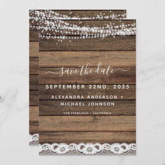 日付ファームハウス素朴のストリングライトを保存 招待状 (正面/裏面)