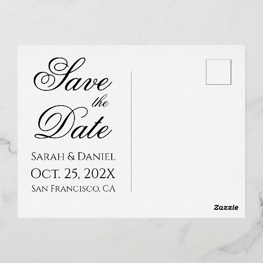 日付フォトアーチ黒の金ゴールドスクリプトのエレガント保存 箔招待状ポストカード (裏面)