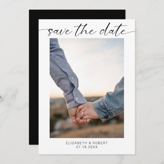 日付フォトミニマリストスクリプトの保モダン存 セーブザデート (正面/裏面)