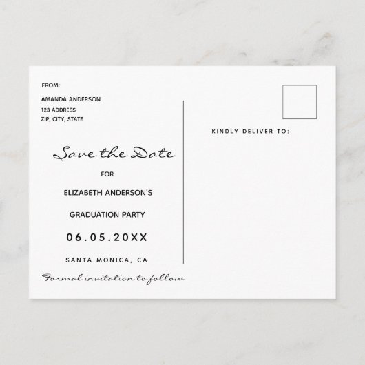 日付フォト卒業パーティーを黒に保存 ポストカード (裏面)