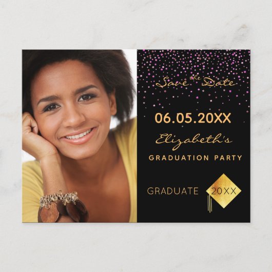 日付フォト卒業パーティーを黒に保存 ポストカード (正面)