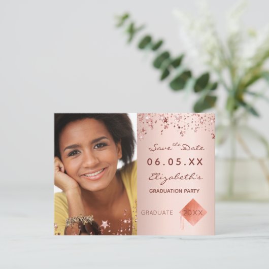 日付フォト卒業パーティー赤面の保存 ポストカード (スタンド正面)