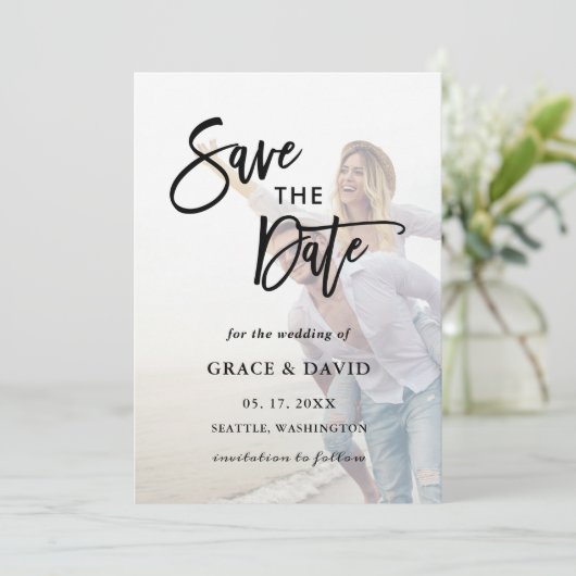 日付フラットカードを保存する色あせた写真の結婚式 セーブザデート (スタンド正面)