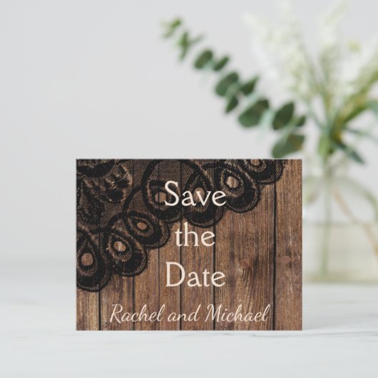 日付ブラックレースとフェイク木材を保存 案内ポストカード (スタンド正面)