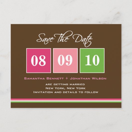 日付ブロック – 明るい赤紫色緑 案内ポストカード (正面)