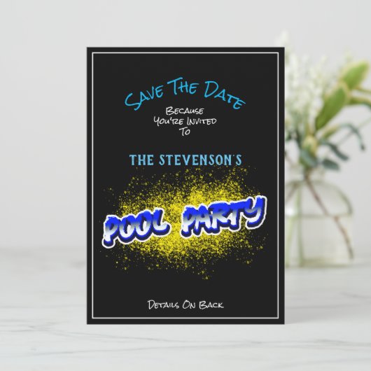 日付プールの保存パーティの招待状の黄色のスプラッシュ セーブザデート (スタンド正面)