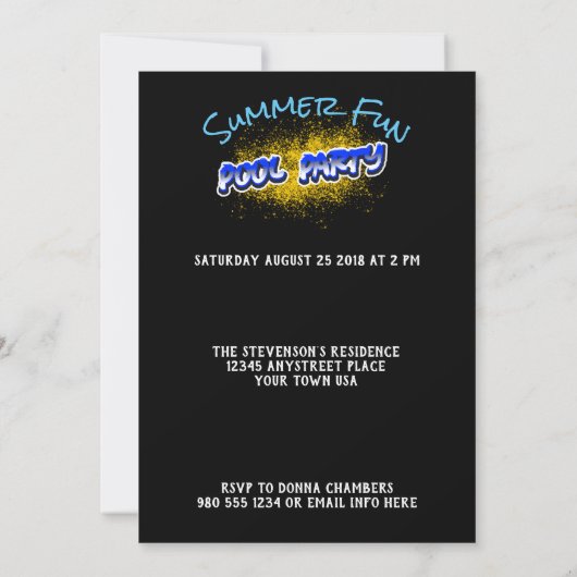 日付プールの保存パーティの招待状の黄色のスプラッシュ セーブザデート (裏面)