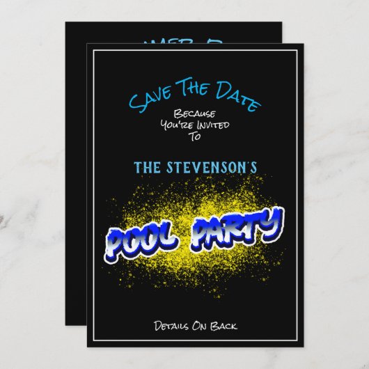 日付プールの保存パーティの招待状の黄色のスプラッシュ セーブザデート (正面/裏面)