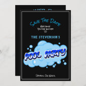 日付プールの青いバブルをパーティの招待状します セーブザデート (正面/裏面)