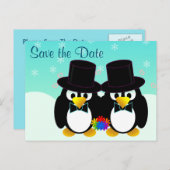 日付ペンギン結婚を保存する 案内ポストカード (正面/裏面)