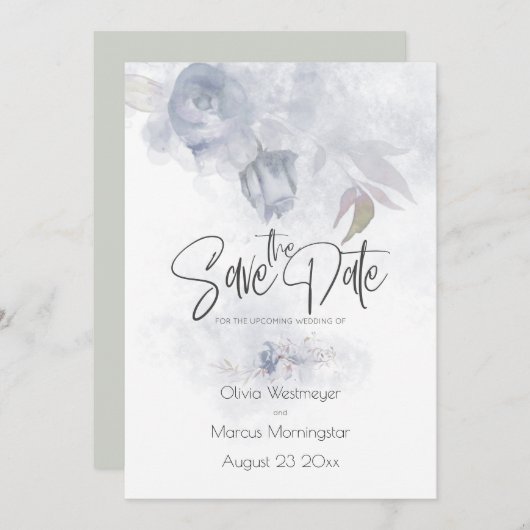 日付ボヘミアンダスティブルーフローラを保存 招待状 (正面/裏面)